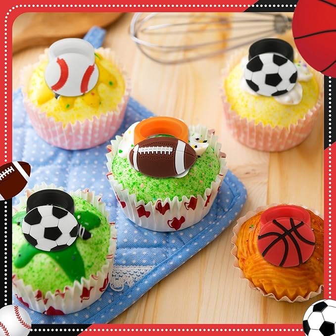 Honeydak 48 Pcs Sports Cupcake Toppers Basketball Softball Football Soccer Cupcake Rings Toppers Picks Decoration for Sport Baby Shower Birthday Party Cake Supplies