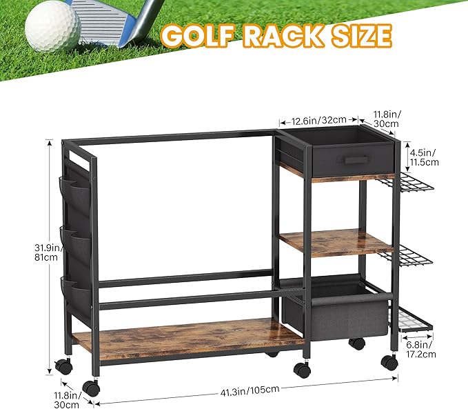 Golf Bag Storage Organizer for Garage, Golf Organizer with Extra Golf Rack and Side Fabric Bag for 20 Golf Clubs & Golf Essentials, Golf Bag Stand for Golf Bag Accessories, Ideal Golf Gifts for Men
