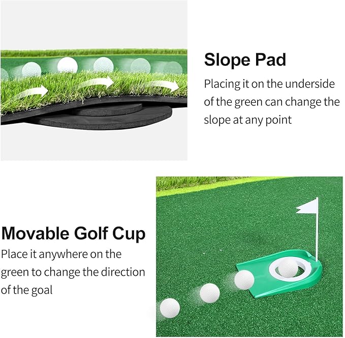 Golf Putting Green Mat, Professional Large Putting Mat with Movable Cup/Slope Pad for Indoor & Outdoor