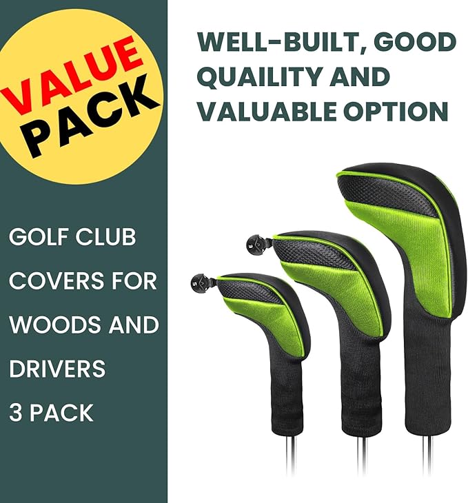 FINGER TEN Golf Club Head Covers for Woods Driver Fairway Hybrid Value 3/5 Pack, Long Headcover Interchangeable Accessories for Ultimate Club Protection