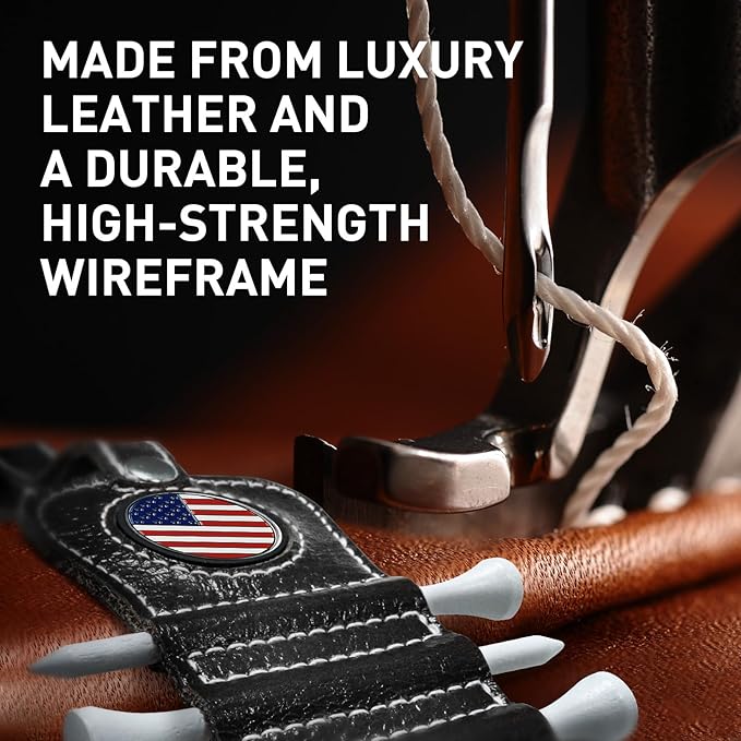 Golf Tee Holder with USA Ball Marker 4 Pcs White Wood Tees, Portable Hold Different Tee Leather Gift Hook Hanging Clip to Golf Bag Belt