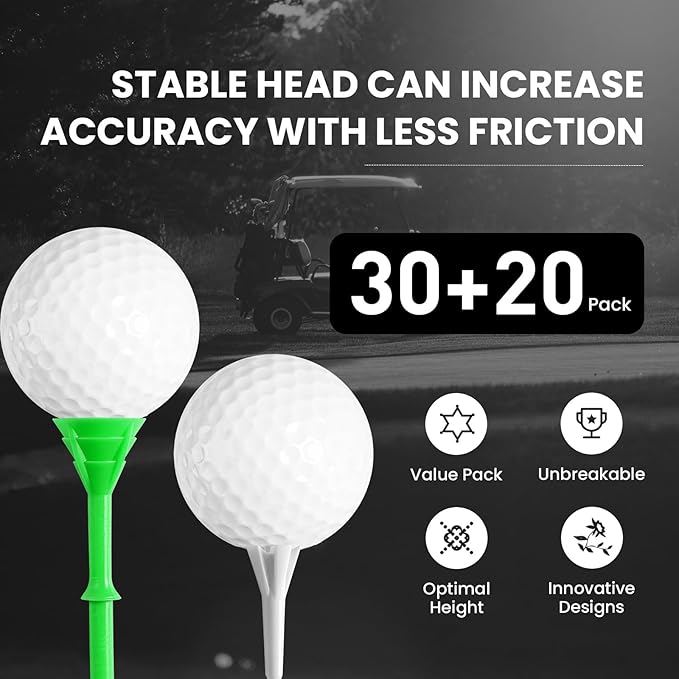 FINGER TEN Golf Tees Plastic Unbreakable 30 Tees 3 1/4 Inch and 20 More Short Tees 1 1/2 Inch with Black Golf Tee Bag, Easy to Find Value Gift Set