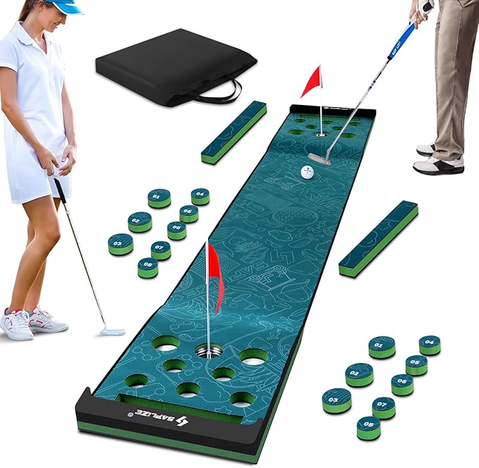 SAPLIZE Golf Putting Mat/Putting Green Mat - Adjustable Slope, Trajectory Tracking, Automatic Ball Return & Pong Game Modes |Portable Practice Green for Home, Office, Indoor & Outdoor