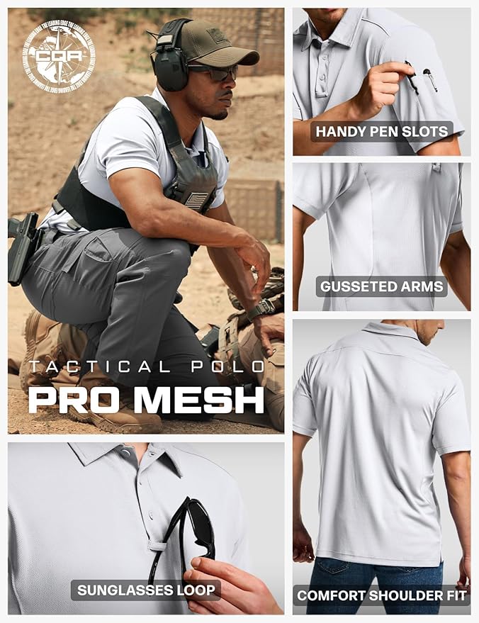 CQR Men's Polo Shirts, Tactical Short Sleeve Golf Performance Shirts, Lightweight Dry Fit UPF 50+ Pique