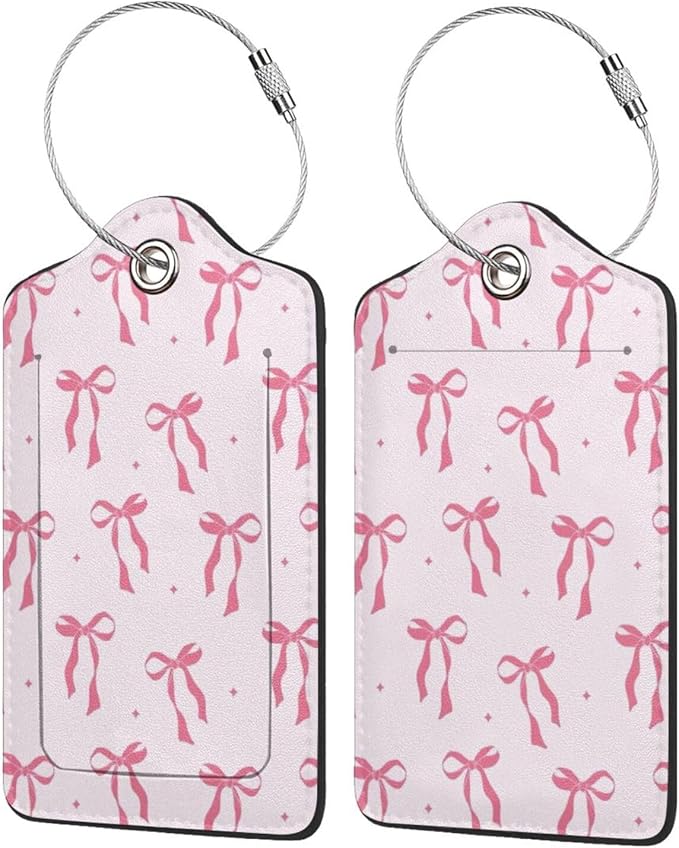 2pcs Leather Pink Bow Luggage Tags Trendy Watercolor Pink Bow Tie Identification Tags for Suitcase, Aesthetic Preppy Identify Labels Travel Tags for Backpack Suitcase