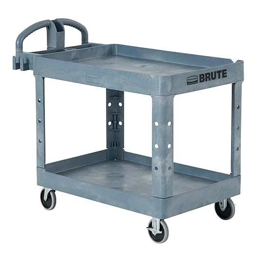 Rubbermaid Commercial Products BRUTE Heavy Duty 2-Shelf Utility/Service Cart, Medium, Lipped Shelves, Ergonomic Handle, 500 lbs. Capacity, Gray, for Warehouse/Garage/Cleaning/Maintenance/Stadiums