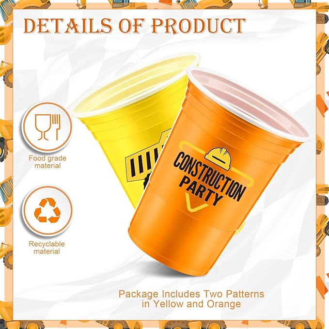 Norme 48 Pcs Construction Party Supplies Bulk 16 oz Construction Party Thick Plastic Disposable Cup Hot Cold Drink Wine Coffee for Home Holiday Party Supplies Favors