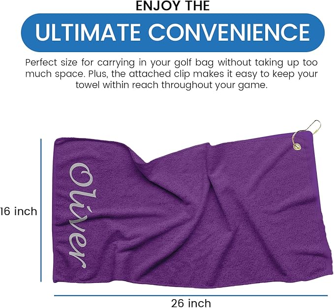 Personalized Passion Golf Towel with Embroidered Name - 16"x26" Custom Golf Towels with Clip - Soft & Highly Absorbent Plush Velour - Easily Wipes Away Sweat and Dirt - Gift for Golfers - Puple