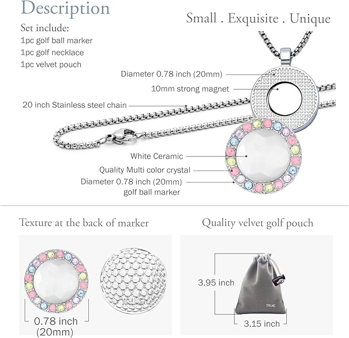 Golf Ball Marker with Ceramic Crystal Ball Marker Necklace (20mm Small Size) Gifts Accessories Women Golfers