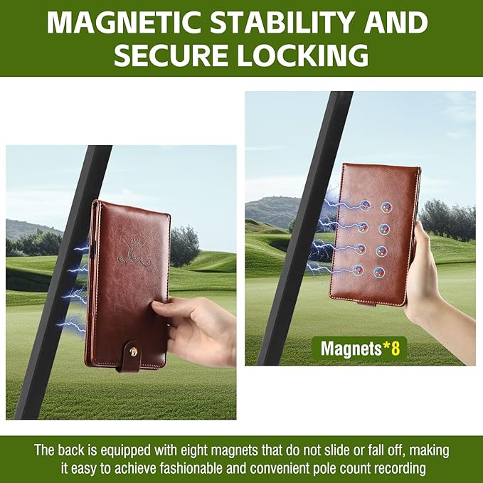Archerest Magnetic Golf Scorecard Holder, 7.48" x 4.33" Premium Leather Yardage Book Cover Golf with A Pencil and Five Double Sided Printed Scorecards, Golf Accessories and Scorecard Book