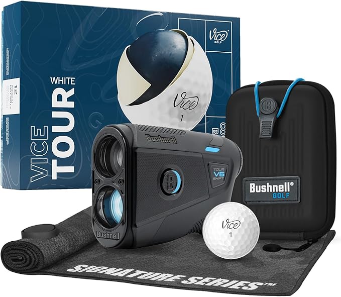 Bushnell Golf Tour V6 Shift Laser Rangefinder with Vice Balls | Slope Compensation, PinSeeker, Magnetic Mount, 1300 YD Range, 6X Magnification | Signature Series Golf Towel