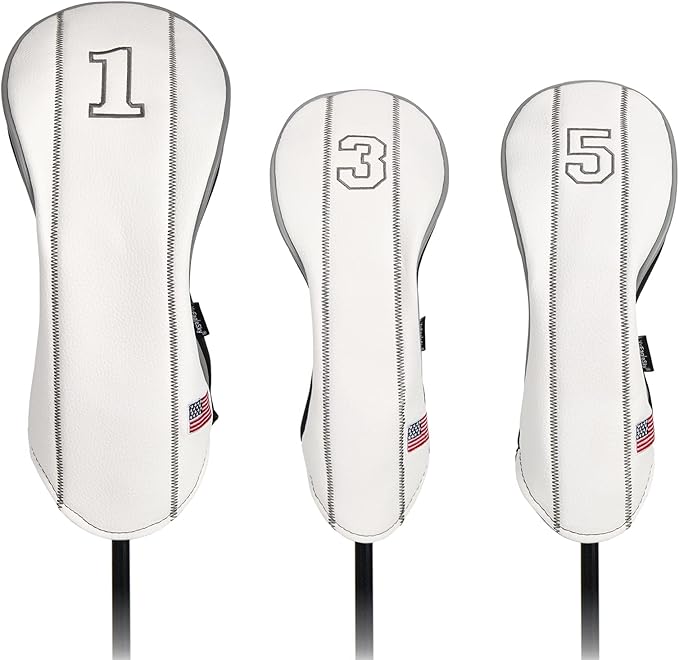 Golf Club Head Covers - Driver, Fairway #3#5, Hybrid Headgear - USA Flag Design - PU Leather - 3 Piece Set for Men and Women