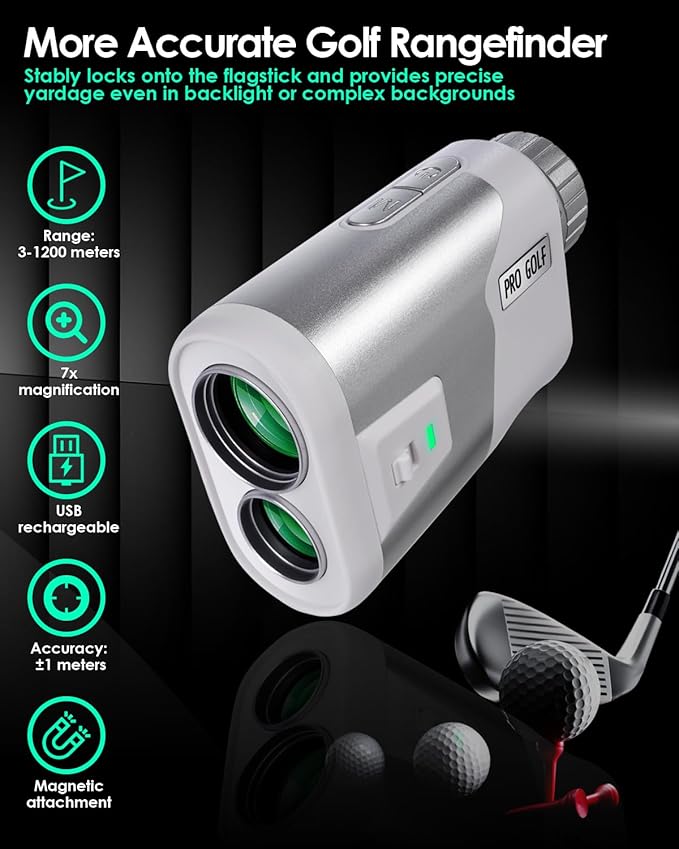 JUSTDOMI 1200 Yards Laser Range Finder Golf Magnetic, 7X Magnification Golf Rangefinder with Slope, Laser Rangefinder for Golf Hunting Archery Distance Finder Rechargeable & Flag Lock Vibration