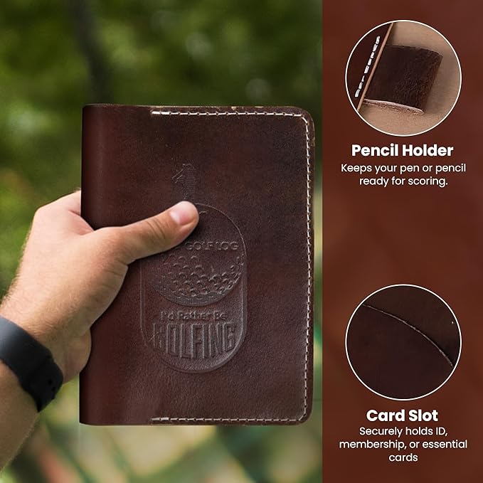 Refillable Golf Scorecard Holder–Full Grain Leather Golf Yardage Book Cover w/Golf Scorecard Book, Pencil Holder & Card Slot–Great Gift for Golfers-Unique Golf Gifts for Men & Women(Pen not included)