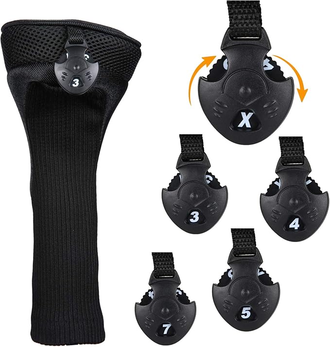 Black Golf Club Head Cover for Driver Fairway 3 Pcs Woods Headcovers, Golf Accessories Hybrid Head Covers Set with Interchangeable Tags 3 4 5 7 X