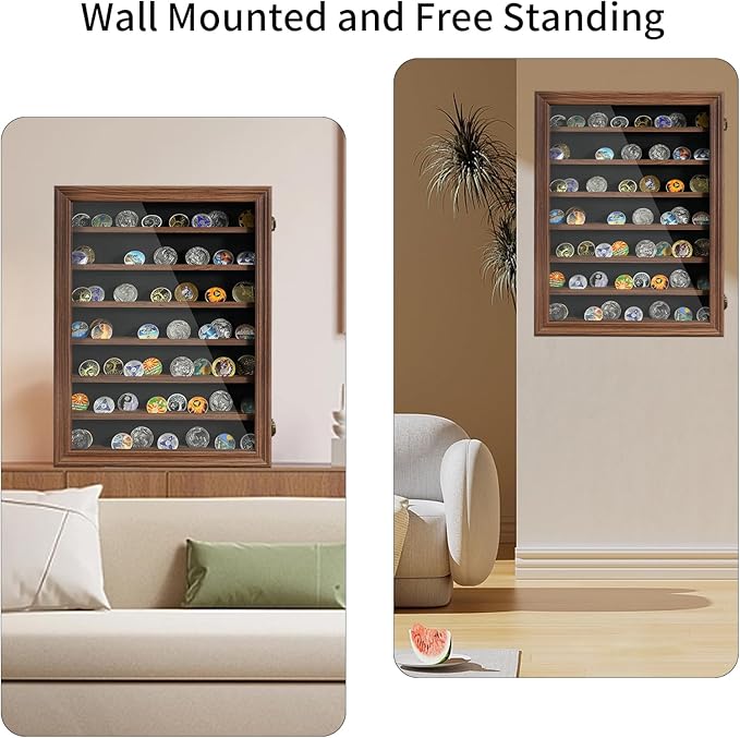 7 Rows Challenge Coin Display Case with HD Tempered Glass - Wall Mountable, Holds 100 Coins, Medal Display Cabinet Military Shadow Box with Removable 2-Groove Shelves, Poker Chips Holder, Rust Brown
