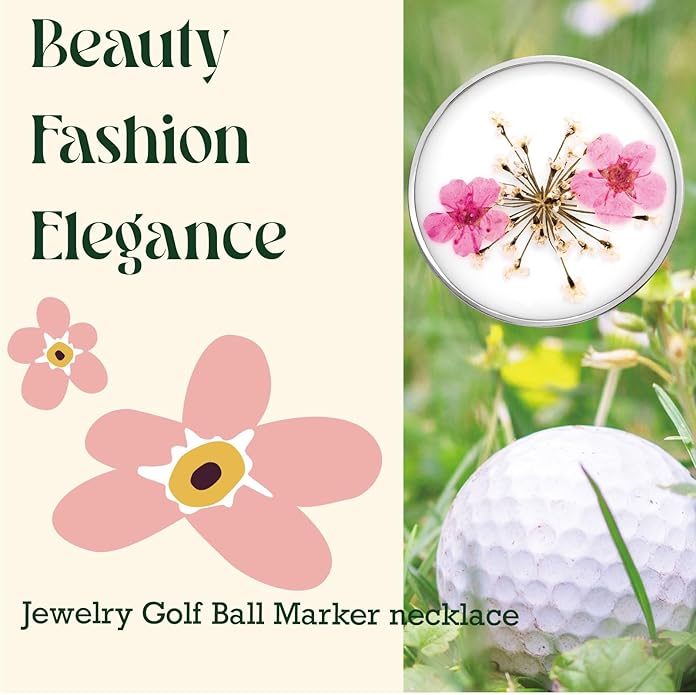Golf Ball Marker necklace with ball marker, handmade pressed flower golf marker,Gifts Accessories Women Golfers