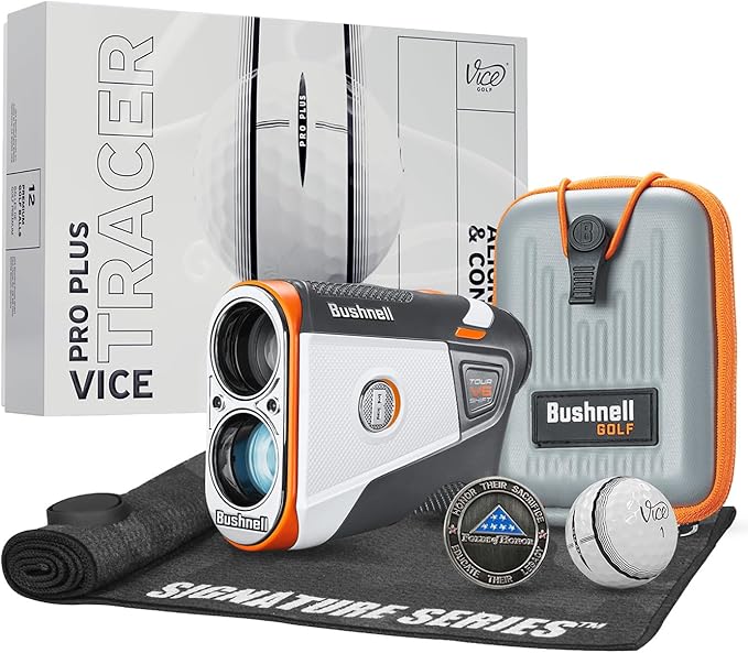 Bushnell Golf Tour V6 Shift Laser Rangefinder with Vice Balls | Slope Compensation, PinSeeker, Magnetic Mount, 1300 YD Range, 6X Magnification | Signature Series Golf Towel