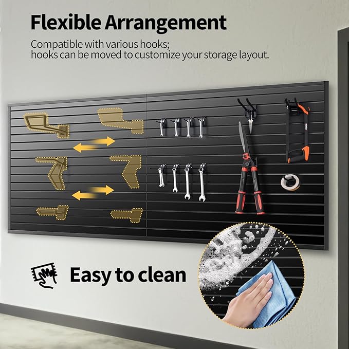 Slat Wall Panels 8x4 ft, Heavy-Duty PVC Garage Slatwall Panel with Trim & Screws, Interlocking Black Wall Panels, Garage Wall Organizer Slat Board PVC Wall Panel for Tools and Sports Equipment Storage
