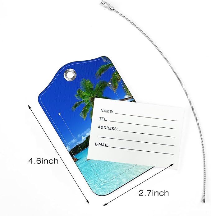2 Pack Luggage Tags for Suitcase,Island's Beach PU Leather Luggage Tags with Privacy Cover Name Address Labels and Steel Ring,Creative Travel Accessories for Men and Women