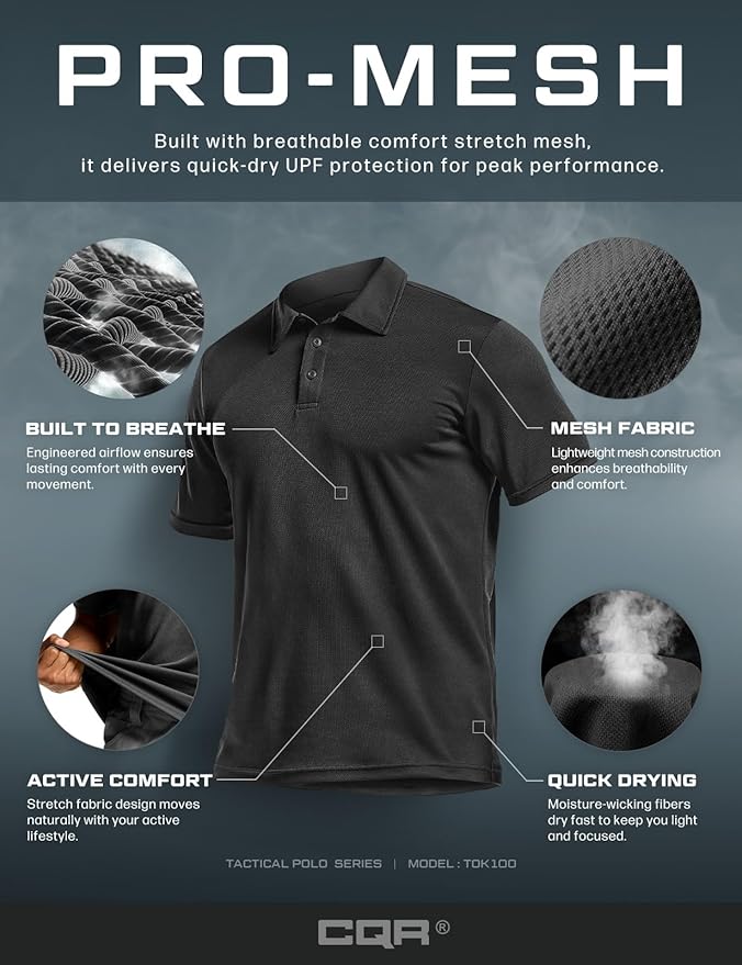 CQR Men's Polo Shirts, Tactical Short Sleeve Golf Performance Shirts, Lightweight Dry Fit UPF 50+ Pique