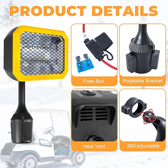 Golf Cart Heater, Battery Operated Heater, 400W Electric Heaters for Golf Cart Accessories, Safe & Quiet Carbon Fiber Heating Golf Cart Warmer, Compatible with Club Car/Yamaha/EZGO