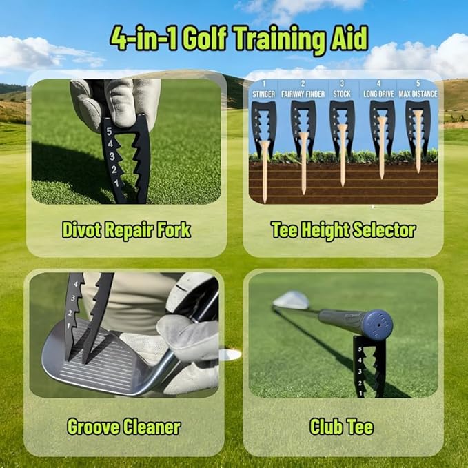 Zinc Alloy Golf Tee Height Setter - 5 Adjustable Settings 3-in-1 Divot Repair Fork & Groove Cleaner + 5 Golf Tees for Stable Consistent Swings