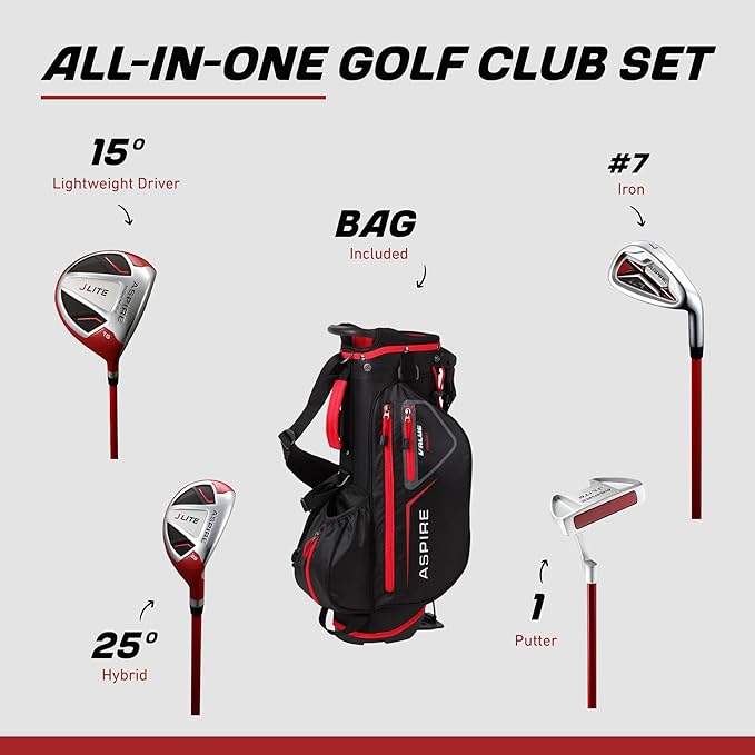 Aspire X-Lite Super Performance Junior Golf Club Set - Right-Handed Kids Golf Set with Driver, Hybrid, 7 Iron, Putter, Stand Bag & Headcovers