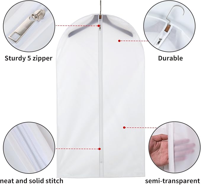 6 Pack Long Garment Bags (24x60") - Dustproof Gown Covers - Durable PEVA Hanging Bags with Sturdy Zipper for Maxi Dresses, Long Coats & Dance Costumes (Translucent)