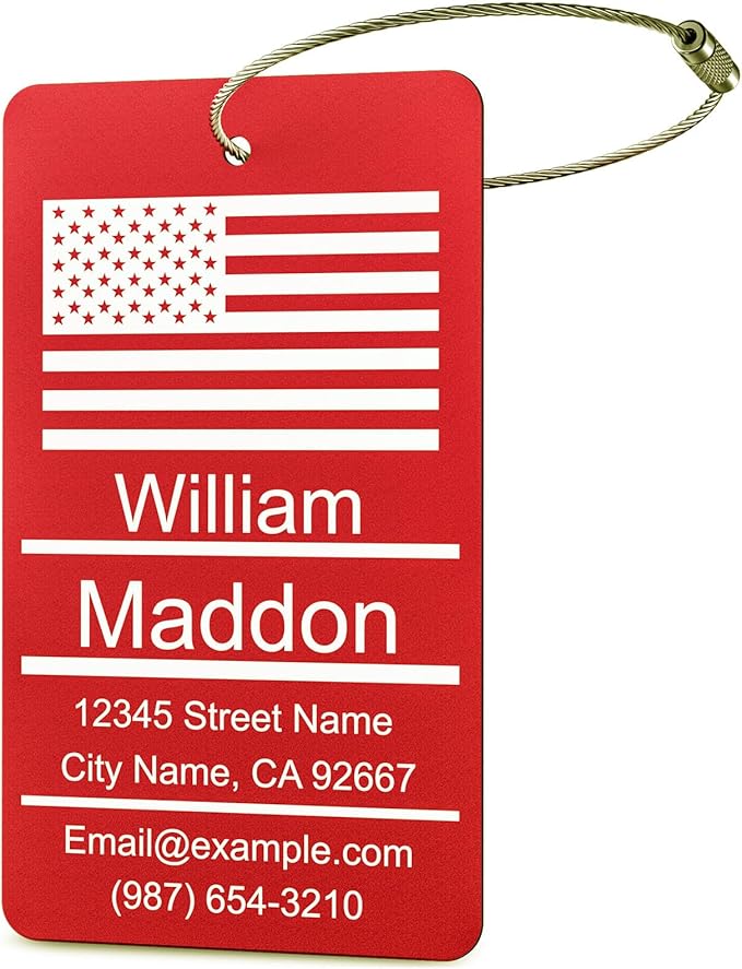 Luggage Tags for Suitcase - Red Personalized Engraved Metal Tag for Cruise Travel - Custom Name Tags Suitable for Bags and Backpacks