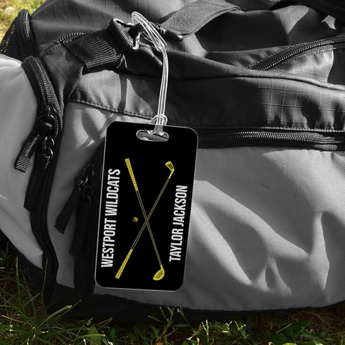 ChalkTalkSPORTS Golf Luggage & Bag Tag | Personalized Crossed Golf Clubs | Standard Lines on Back | Large | Black/Yellow