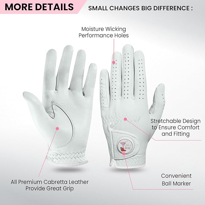 FINGER TEN Golf Gloves Women All Premium Cabretta Leather 1 Pack, Soft Comfortable & Breathable Grip Glove with Ball Marker Left Hand for Right Handed Golfer