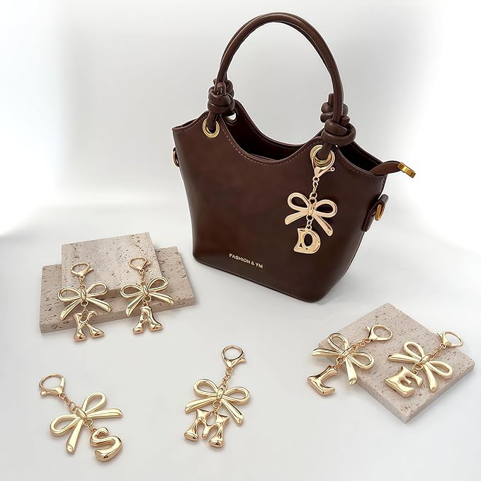 Gold Bubble Heart, Cherry, Bow & More Designs Letter Initial Keychain Bag Charms – Cute Purse Charms for Handbags