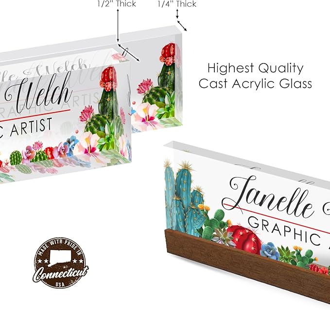 Artblox Personalized Office Desk Name Plate and Business Card Holder | Clear Acrylic Glass with Teak Wood Stand | Cactus Flowers Design Customized with Your Name and Credentials Office Desk Décor