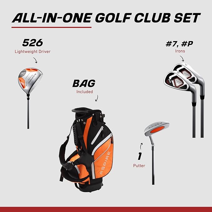 Aspire Junior Plus Kids Golf Clubs – Boys’ & Girls’ Right-Handed Golf Set with Lightweight Stand Bag, Graphite Shafts & Aircraft-Grade Aluminum Clubs