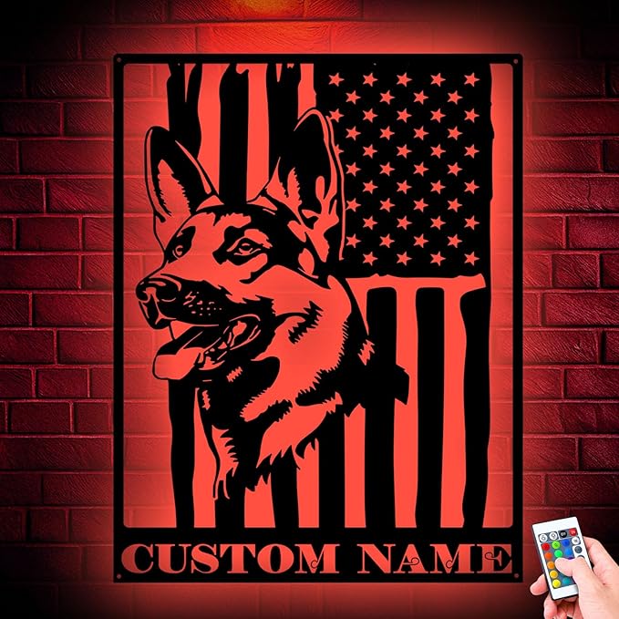 Custom German Shepherd US Flag Metal Sign with LED Lights, Unique Wall Art for Home Decor, gift for Dog Lovers, Durable Hanging Decor for Indoor & Outdoor Spaces