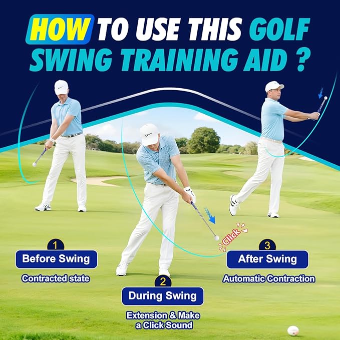 Retractable Golf Swing Training Aid, Right-Handed Golf Swing Trainer with Click Feedback, Tempo Stick Golf to Improve Strength & Tempo with Arm Band, Ideal for Beginners, Indoor & Outdoor Use