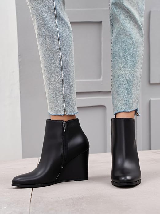 LAICIGO Womens V Cut Wedge Ankle Booties Zip-up Closed Toe Stacked Heel Faux Suede Winter Boots