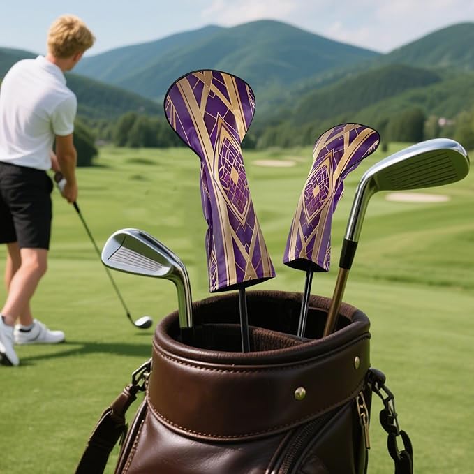 Leather Golf Club Head Covers for Driver/3 5 Wood/Hybird,Velvet,with Label,Purple-Glod