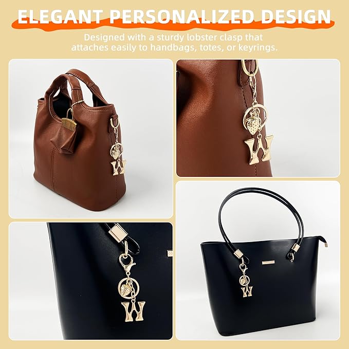 Gold Bubble Heart, Cherry, Bow & More Designs Letter Initial Keychain Bag Charms – Cute Purse Charms for Handbags
