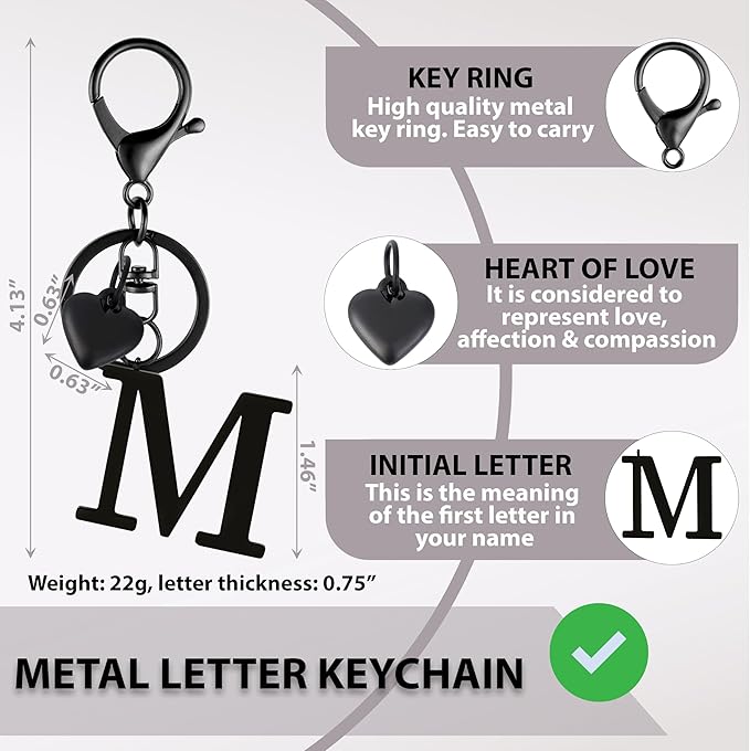 Metal Heart Alphabet Keychain for Women, Girls - Cute Initial Letter Accessories for Purse, Bag Charms and Backpack