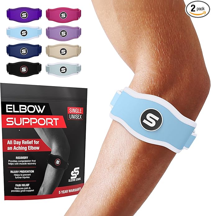 Sleeve Stars Tennis Elbow Brace for Women - Adjustable Tennis Elbow Strap, Golfers Elbow Brace for Men, Counterforce Brace for Tendonitis Relief, Fits 9"-23" (Pair/Light Blue)