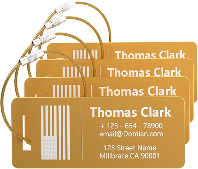 4 Pack Personalized Luggage Tags, Custom Engraved Aluminum Luggage Tags with Your Personalized Text, Waterproof Metal Name Tags with Steel Loop for Bags, Suitcase, Baggage, Backpack (Golden, Small)