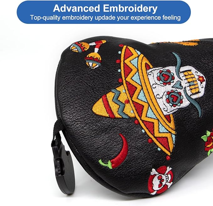Golf Club Headcover for Drivers, Fairway Woods, Hybrids, and Mallet Blade Putter Sugar Skull Style Premium Leather Golf Headcovers Set with Interchangeable No. Tags