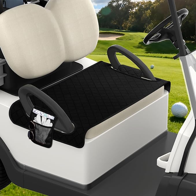 Universal Golf Cart Seat Covers Waterproof Golf Cart Seat Protector with 4 Side Pockets & Anti-Slip Bottom Fits for Most Golf Carts,Fits for EZGO, Club Car, Yamaha and More(Black with side pockets)