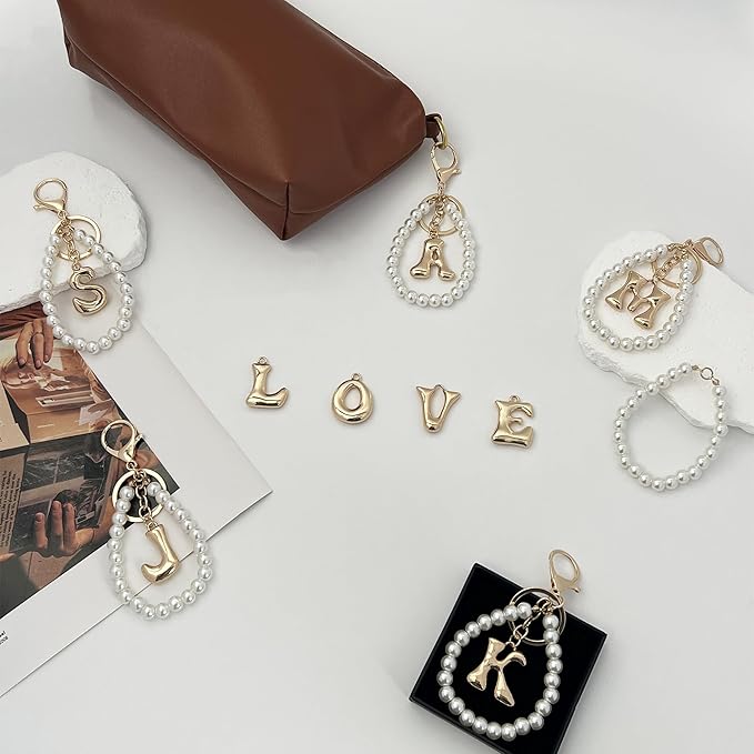 Gold Bubble Heart, Cherry, Bow & More Designs Letter Initial Keychain Bag Charms – Cute Purse Charms for Handbags