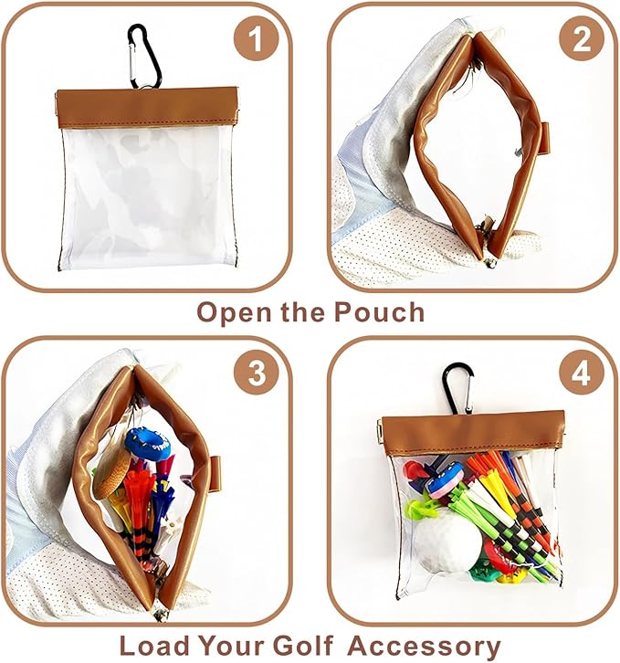 Golf Tees and Ball Pouch Bag, Portable Clear Squeeze Top Bag Holder with Clip, Professional Storage Golf Essentials and Accessories Organizer, 2 Piece