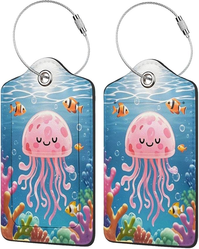 2 Pack Luggage Tag for Suitcase Cute Jellyfish Leather Travel Cruise Luggage Tag with Stainless Steel Loop Name ID Label Privacy Cover for Adults Teens Travel Bag Labels Set