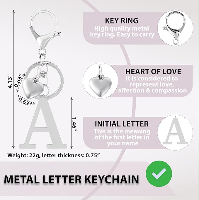 Metal Heart Alphabet Keychain for Women, Girls - Cute Initial Letter Accessories for Purse, Bag Charms and Backpack
