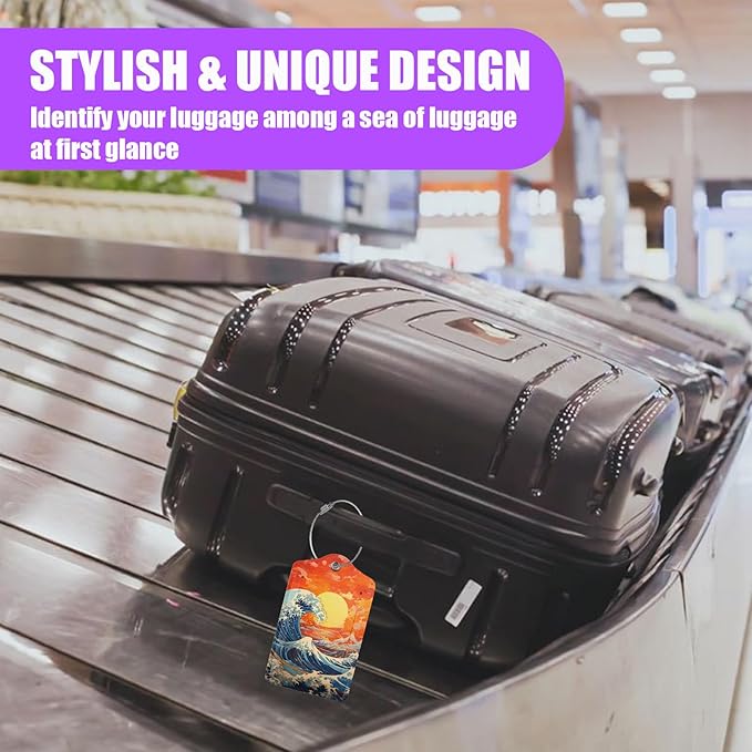 3 Pack Japanese Ocean Wave Luggage Tags for Suitcase Great Waves PU Leather Travel Luggage Tag Privacy Cover ID Label for Women Men Baggage Backpack Handbag School Bag